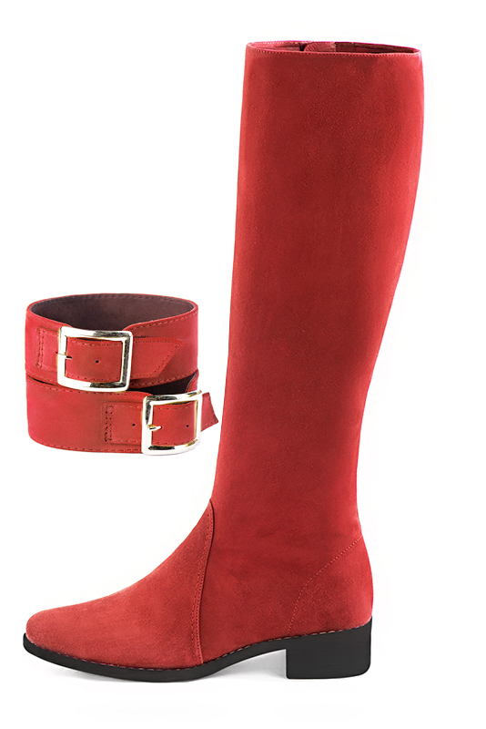 Scarlet red women's calf bracelets, to wear over boots. Top view - Florence KOOIJMAN